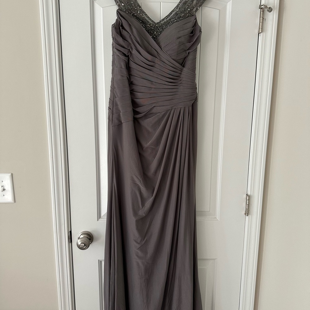 Montage by Mon Cheri Gray Ruched V-Neck Maxi Gown